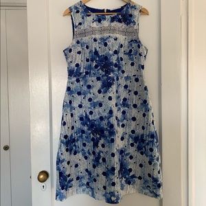 Tahari Dress Blue, White Crochet Over Blue Lining